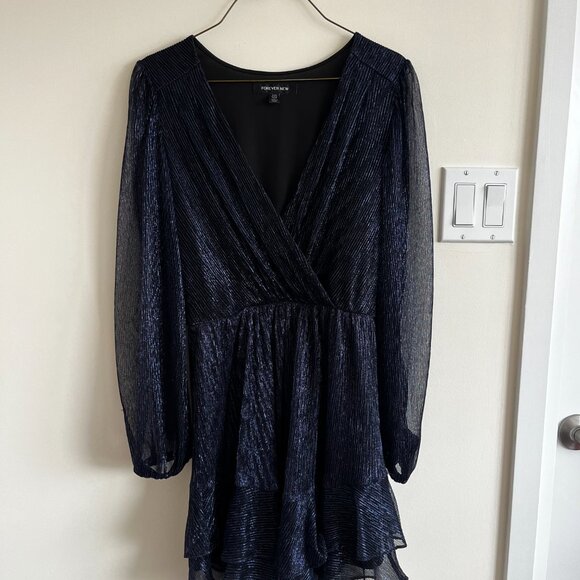 Iridescent Ruffled Mini Formal Dress with Sheer Sleeves - Picture 3 of 5